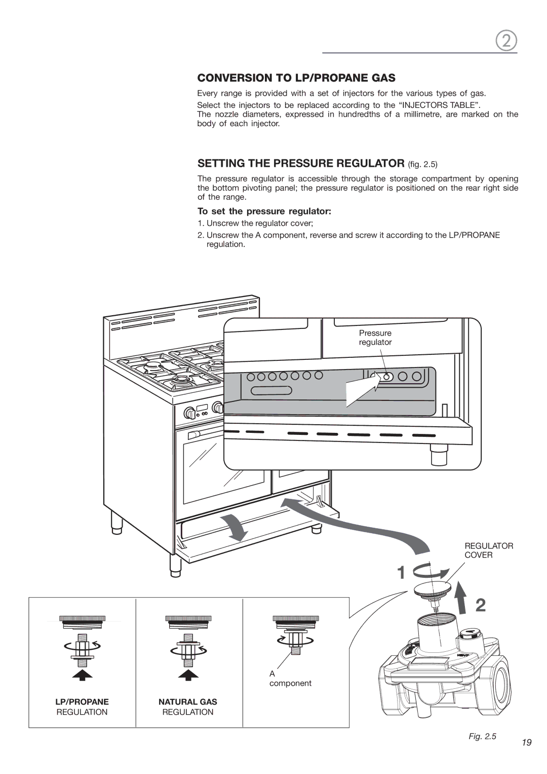 Verona VEFSGG 365 ND warranty Conversion To Lp/Propane Gas, SETTING THE PRESSURE REGULATOR .5 